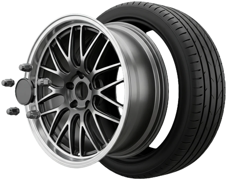 Exploded view of an alloy wheel with its tyre, centre cap and wheel nuts