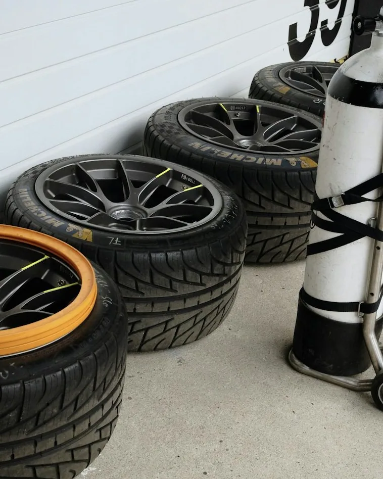 the unit — tyres and wheels stacked, upright