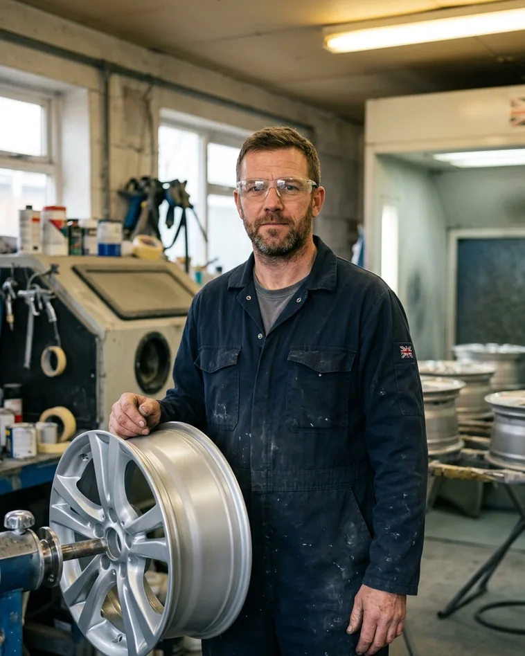 Marc Ellery in the unit, holding a refinished wheel