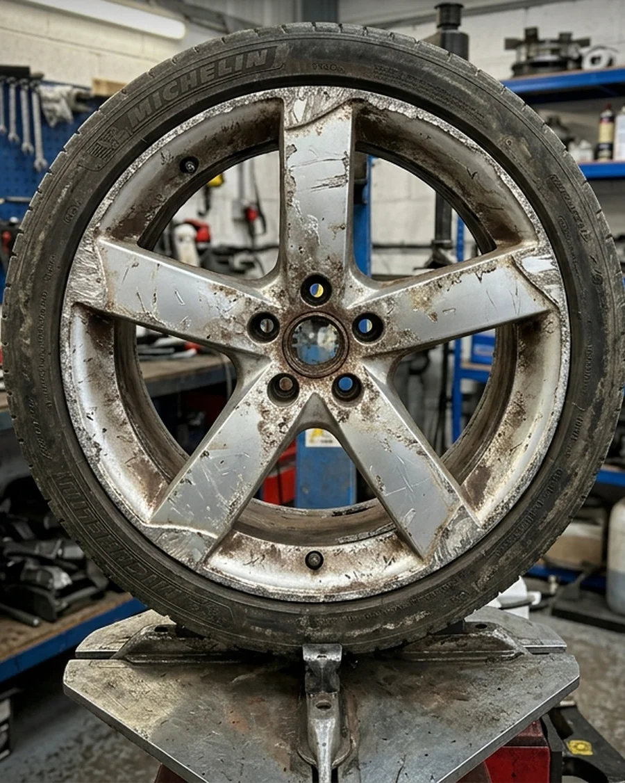 kerbed and corroded rim (before)