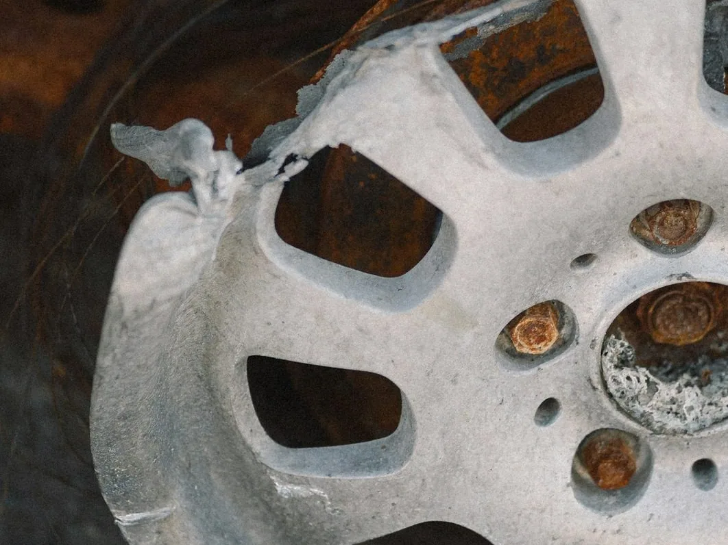 a cracked or buckled wheel, close